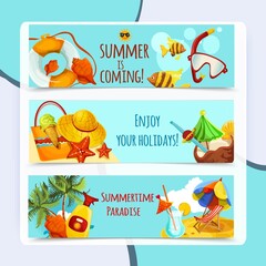 Summer holidays horizontal banners set with recreation elements isolated vector illustration