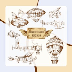 Retro aviation aeronautic transport sketch decorative icons set isolated vector illustration
