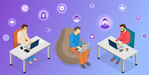 Social media activities concept. Men at computers lead video blog online. Male bloggers exploring social networks on laptop. People sitting ar workplaces surrounded by like, email and blog symbols