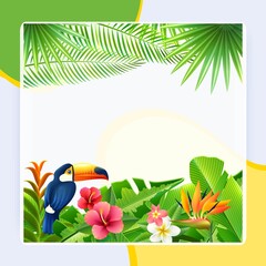 Tropical landscape background with toucan bird and flowers frame vector illustration