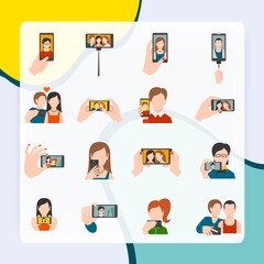 Selfie icons flat set with people taking photo portraits isolated vector illustration