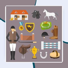 Jockey decorative icons flat set with horse grooming brush champion trophy isolated vector illustration