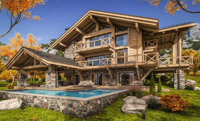 Fototapeta premium 3d rendering of modern cozy chalet with pool and parking for sale or rent. Beautiful forest mountains on background. Massive timber beams columns. Clear sunny autumn day with golden leaves anywhere.