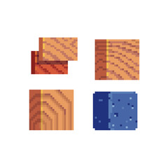 Wooden block and cement pixel art icon. Cube textures set for computer games. Design for logo and app. Element nature brick. Isolated vector illustration.