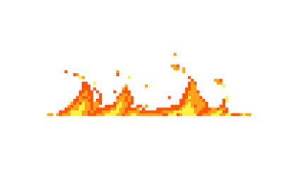 Pixel art fire icon. Flame. Knitted design. Bonfire isolated vector illustration. 8-bit sprite. Old school computer graphic style.