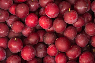 Plum background. Red fresh ripe plums are boxed at the market. Plum top view