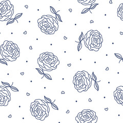 Vintage outline Roses seamless pattern. Blue tiny flower, dots and hearts on white. Hand drawn Garden Plant. Floral vector background for romantic fashion print design, fabric, textile, scrapbooking