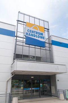 Zielona Gora, Poland - June 1, 2021: Entrance to shopping mall with Decathlon and castorama stores.