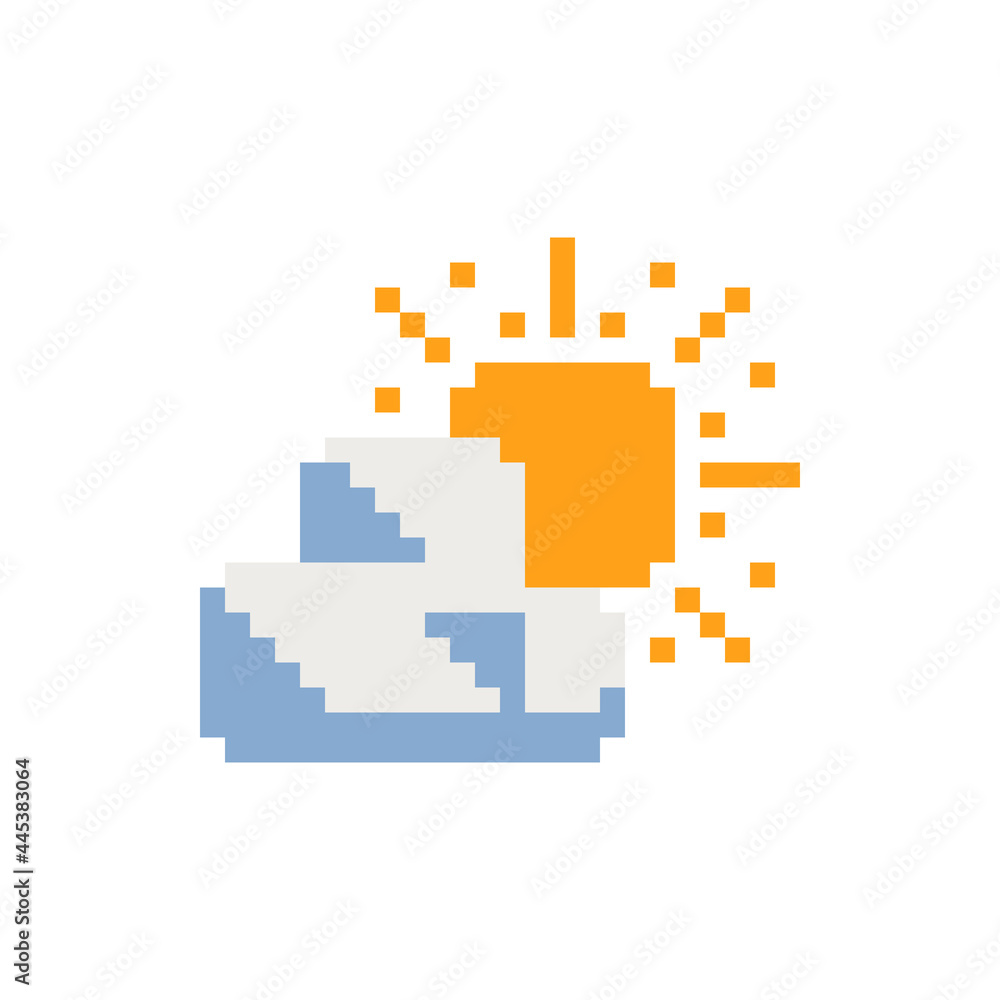 Poster weather app icon. sun and clouds. pixel art flat style. web site design. 8-bit. isolated abstract pi