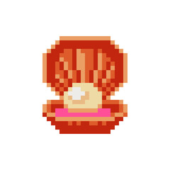Obraz premium Seashell with a pearl pixel art icon. Shell pearl isolated vector illustration. 8-bit sprite. Design element for web, stickers, logo, mobile app, card, invitation. 