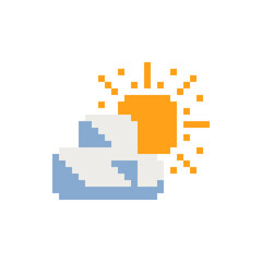 Obraz premium Weather app icon. Sun and clouds. Pixel art flat style. Web site design. 8-bit. Isolated abstract pixel art vector illustrations. 