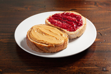 smooth peanut butter and jam bread toast, american traditional sandwich