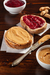 smooth peanut butter and jam bread toast, american traditional sandwich