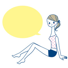 キャミソールとショートパンツ姿で座る横向きの若い女性の線画吹き出し付き