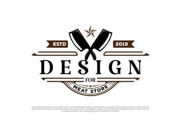 Vintage Retro Crossed Cleaver for Butcher Meat Store or BBQ Barbecue Steak Grill Logo Design Vector