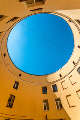 View of the sky in the courtyard of the round house in St. Petersburg