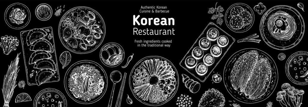Korean food top view illustration. Hand drawn sketch. Bibimbap, kimchi, kimbap, dumplings mandu, noodles, skewers. Korean street food, take away menu design. Vector illustration.