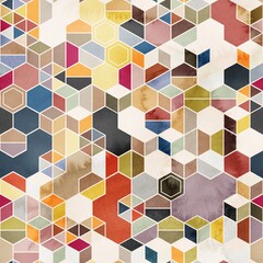 Obraz premium Seamless pattern of hexagons in random colors in watercolor. High quality illustration. Tile mosaic arrangement of triangles, trapezoids, and hexagons, in honeycomb arrangement. Design for print.