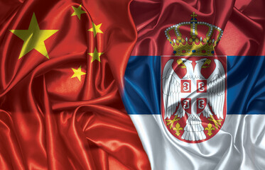 China and Serbia two folded silk flags together.