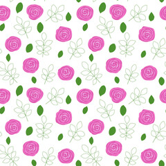 Seamless vector pattern of pink roses and leaves for the design of postcards, invitations, photo albums, wedding and romantic design