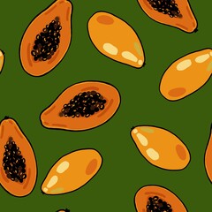 seamless pattern with papaya fruits on green  background