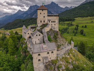 Fototapeta na wymiar Drone view at Tarasp castle in the Swiss alps