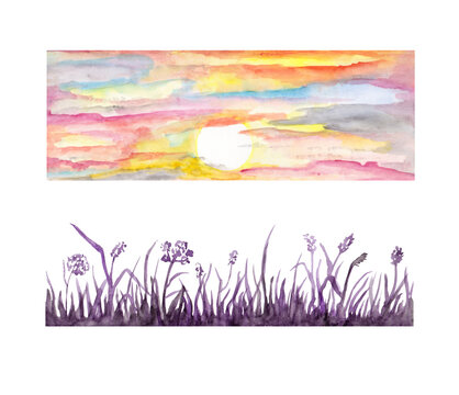 Hand drawn watercolor sunset