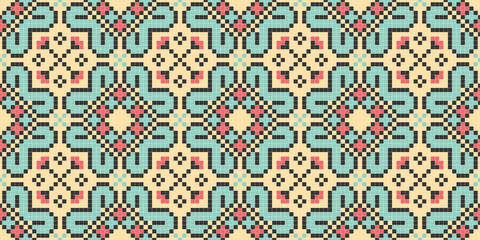 Pixel art. Organic motif, botanical motif background. Seamless pattern.Vector.ピクセルアートのスタイリッシュな有機的パターン