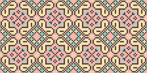 Pixel art. Organic motif, botanical motif background. Seamless pattern.Vector.ピクセルアートのスタイリッシュな有機的パターン