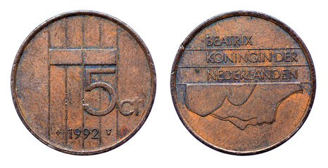 Netherlands guilder 5 coin  closeup 1992 - obrazy, fototapety, plakaty