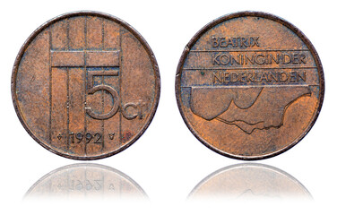 Netherlands guilder 5 coin  closeup 1992 - obrazy, fototapety, plakaty