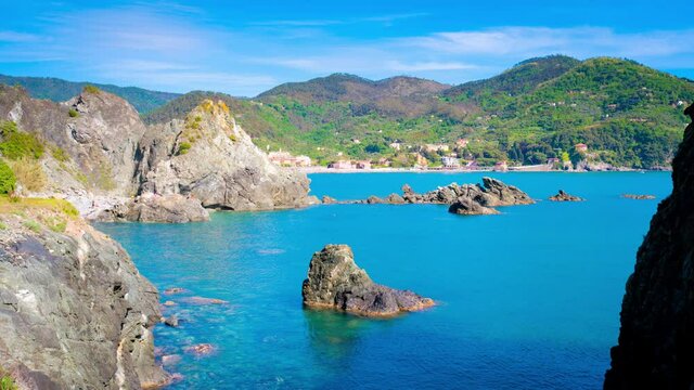Levanto, La Spezia, IT a town on the coast of Ligurian sea and included in the Cinque Terre National Park, the gateway to visit the Italian Riviera gems 4K CINEMATIC CAMERA RAW