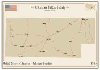 Map on an old playing card of Fulton county in Arkansas, USA.