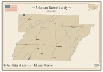 Map on an old playing card of Greene county in Arkansas, USA.