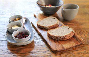 top view of organic fresh bread with jam for healthy eating in daily life