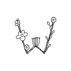 Vintage floral bold Letter W logo spring. Classic Summer Letter Design Vectors with Black Color and Floral Hand Drawn with monoline line flowers