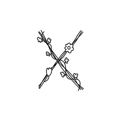 Vintage floral bold Letter X logo spring. Classic Summer Letter Design Vectors with Black Color and Floral Hand Drawn with monoline line flowers
