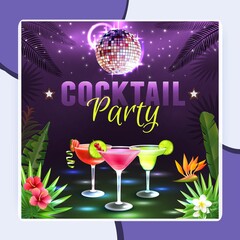 Cocktail party poster with alcohol cocktail glasses disco ball and tropical plants on background vector illustration