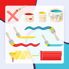 Roller and paint buckets and color brushes decorative icons set isolated vector illustration