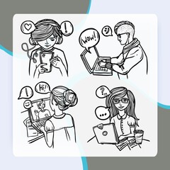 People chatting via internet devices sketch decorative icons set isolated vector illustration