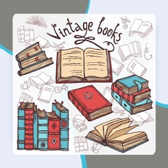 Retro sketch books decorative icons set library concept vector illustration