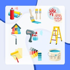 Painting work decorative icons set with bucket roller color palette isolated vector illustration