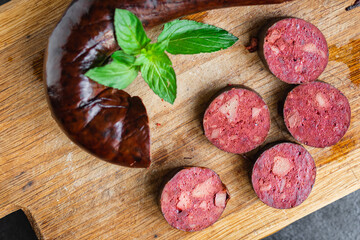 black pudding sausage bloody  fatt food on the table, healthy meal snack copy space food background...