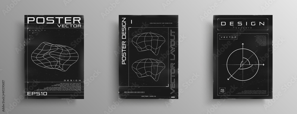 Poster set of retrofuturistic black and white posters with hud elements, geometry 3d space in the form of a