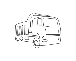 Dump truck continuous line drawing. One line art of commercial vehicle, truck, lorry.
