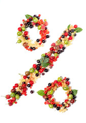 Percentage sign made from real natural berries and leaves. Numbers concept made from berries. Summer creative concept.