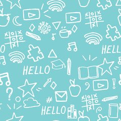 Vector blue background back to school abstract, books, stars. Seamless pattern background