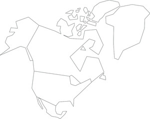 Vector map of North America to study colorless with outline, black and white