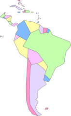 Vector map of South and Central America to study, colorful with outline