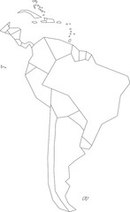 Vector map of South and Central America to study colorless with outline, black and white